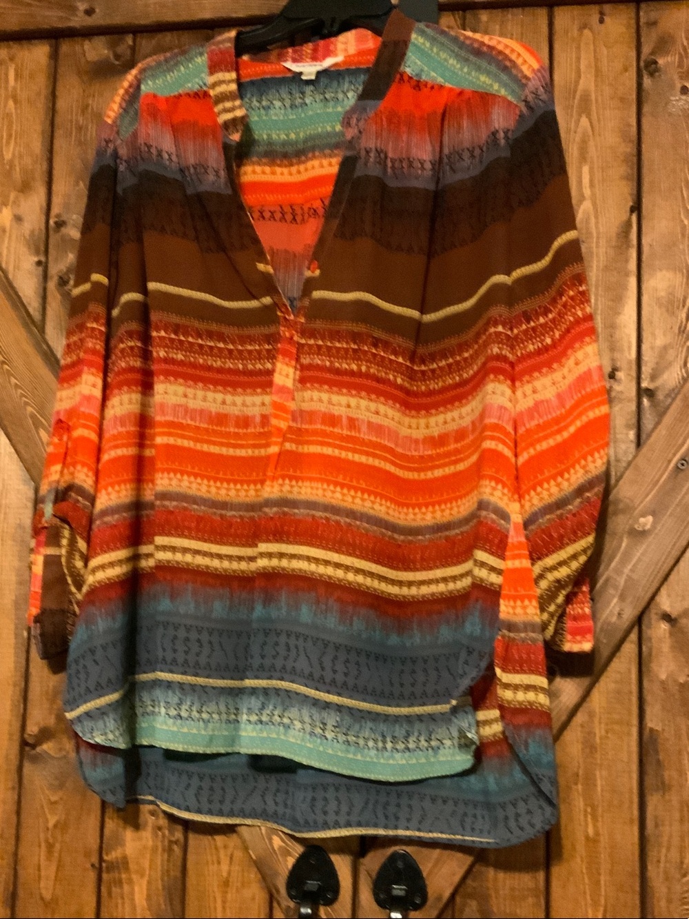 Tantrums Multicolor Striped V-Neck Tunic - Orange, Blue, Brown